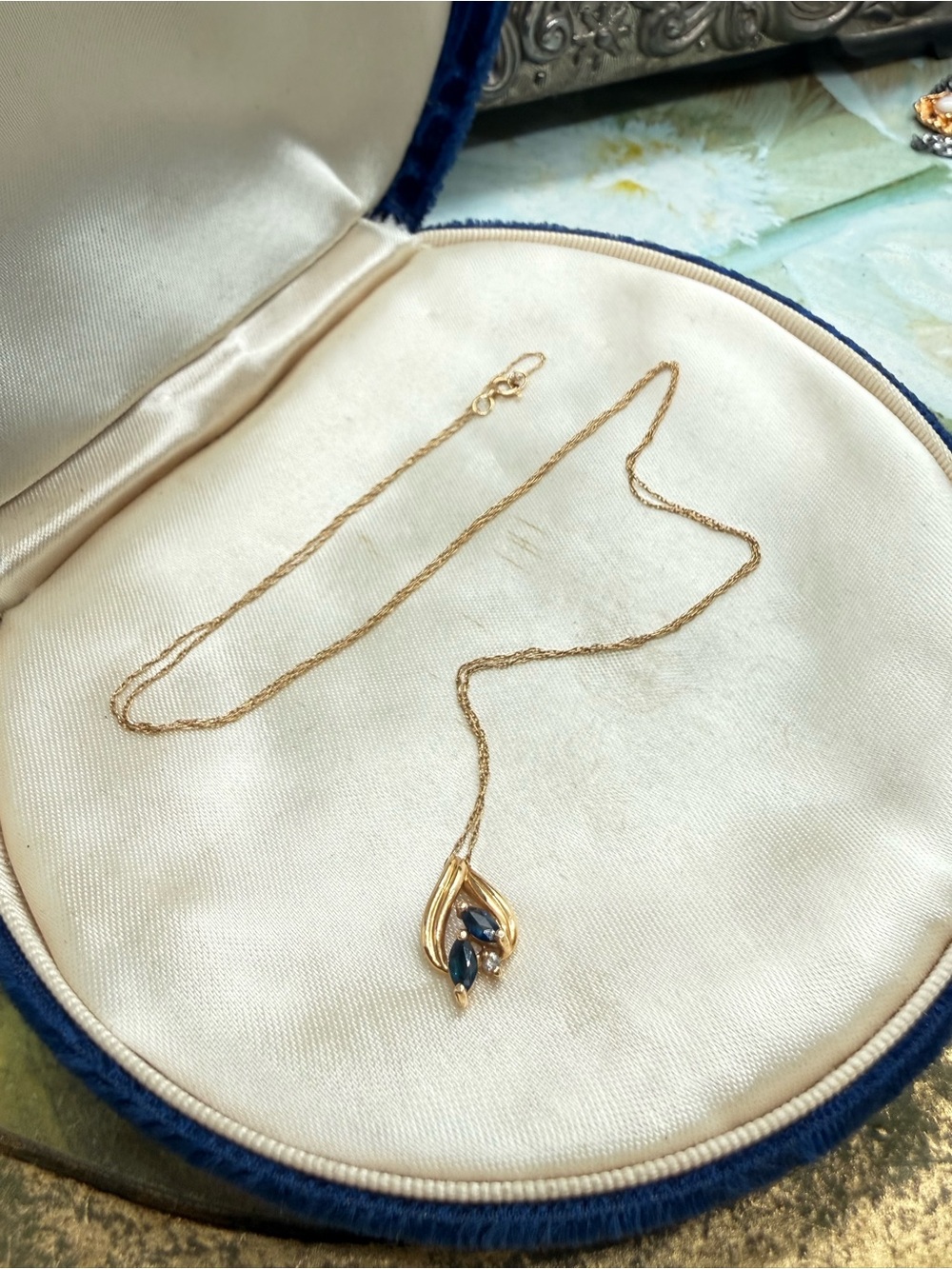 Vintage 14K Solid Yellow Gold Sapphire Diamond Pendant